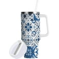 thumbnail image 2 of 30 oz Tumbler with Handle Lid and Straw Insulated Water Tumbler Stainless Steel Water Cup Mug Bottle Reusable Cup Holder Friendly Blue Ceramic Tile, 2 of 6