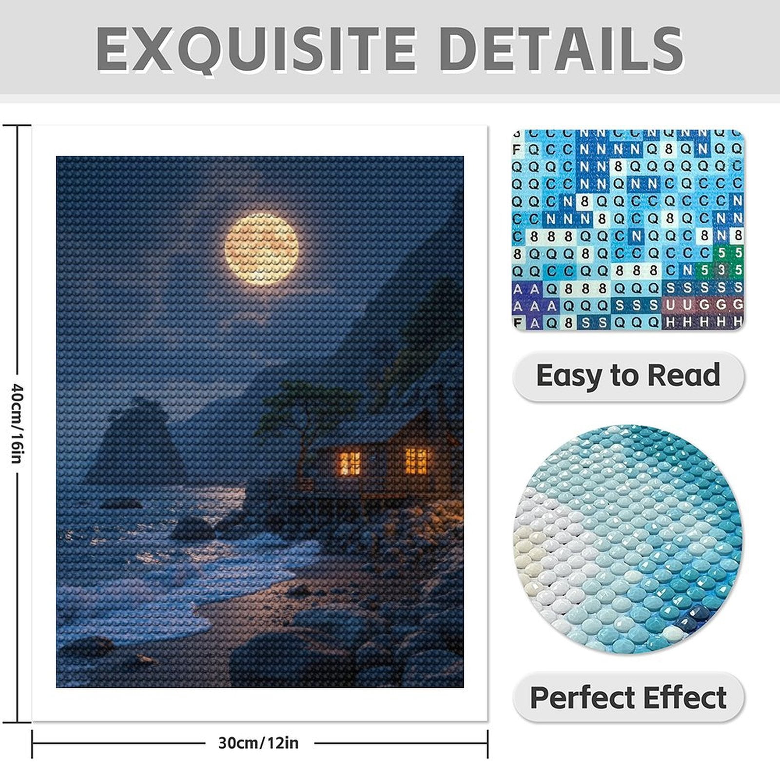 Diamond Art Kit for Adults, Moonlit Cabin By The Sea Diamond Painting for Adults Beginners, DIY Diamond Art Painting Kits, 5D Diamond Painting Crafts for Home Decor 12x16 Frameless