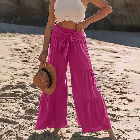 AOOCHASLIY 2023 Women's Pants Womens Fashion Casual High Waist Elastic Waist Drawstring Straps Solid Color Ruffle Wide Leg Pants