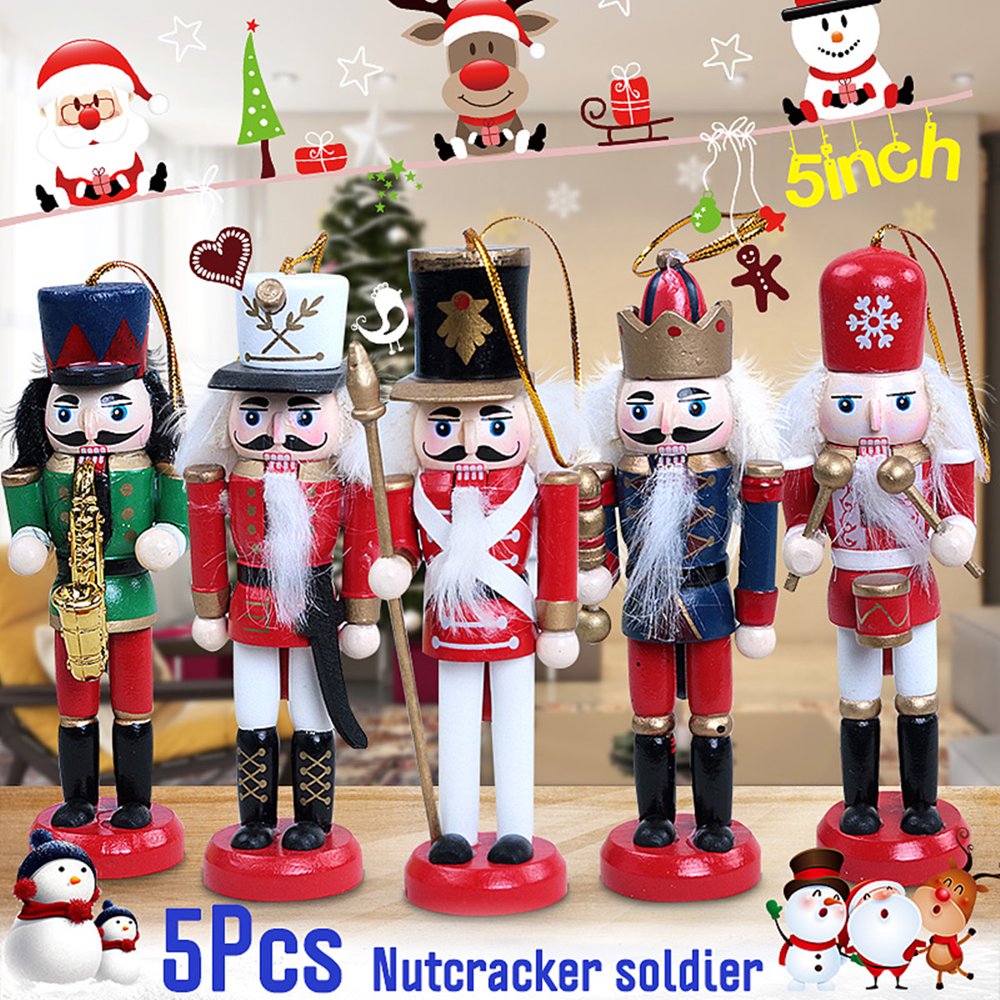 5pcs set Wooden Nutcracker Soldier Doll Vintage Handcraft Walnut Puppet 