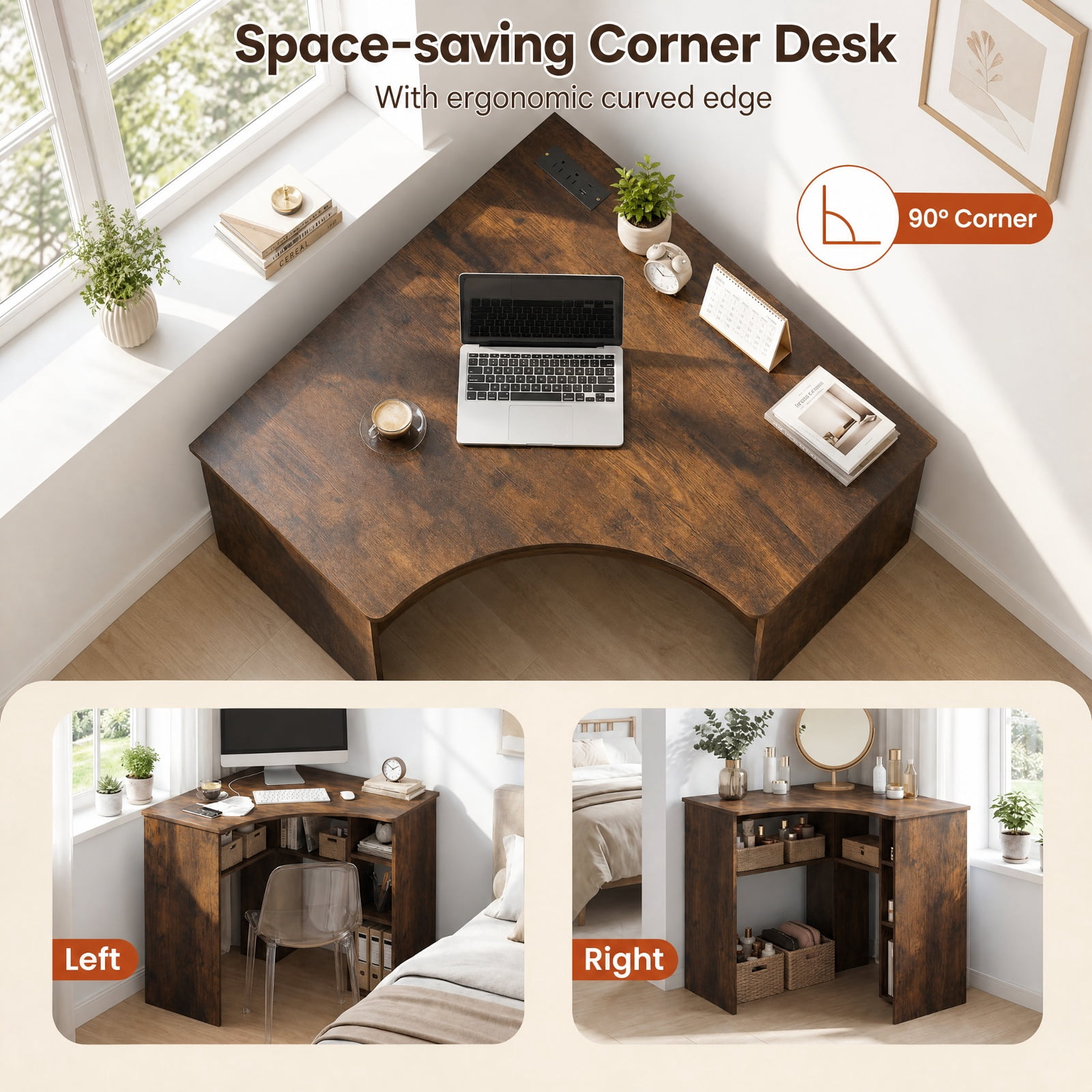Furnibear Corner Computer Desk with Adjustable Shelf and Arc-Shaped Profile Triangle Home Office Desk with 5 Shelves for Study, Rustic Brown