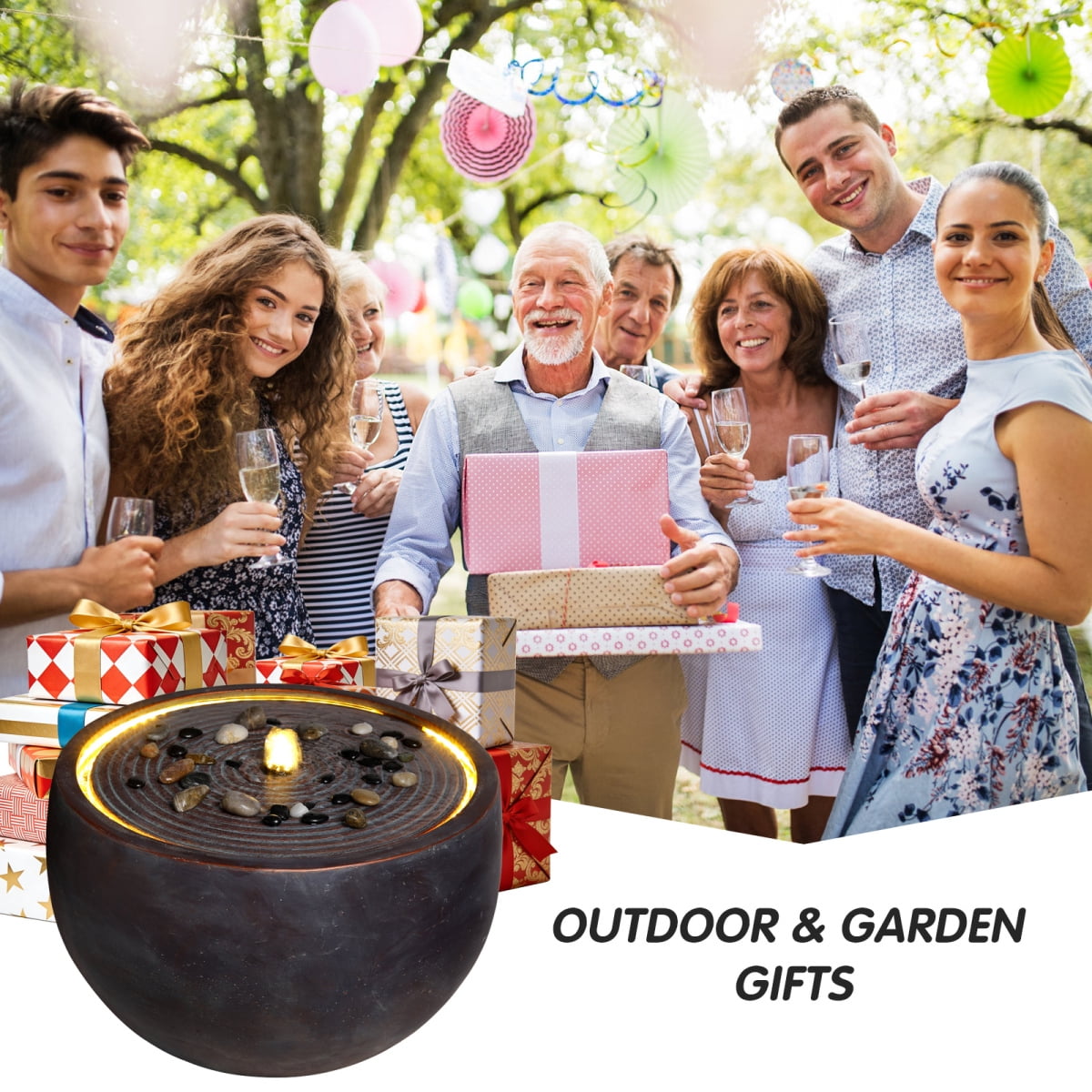 19.3" Modern Zen Bowl Water Fountain with Warm LED Light, Large Outdoor Patio Water Feature, Weather-Resistant Dark Stone-Look Fountain with Calming Water Flow for Backyard, Garden & Home Decor