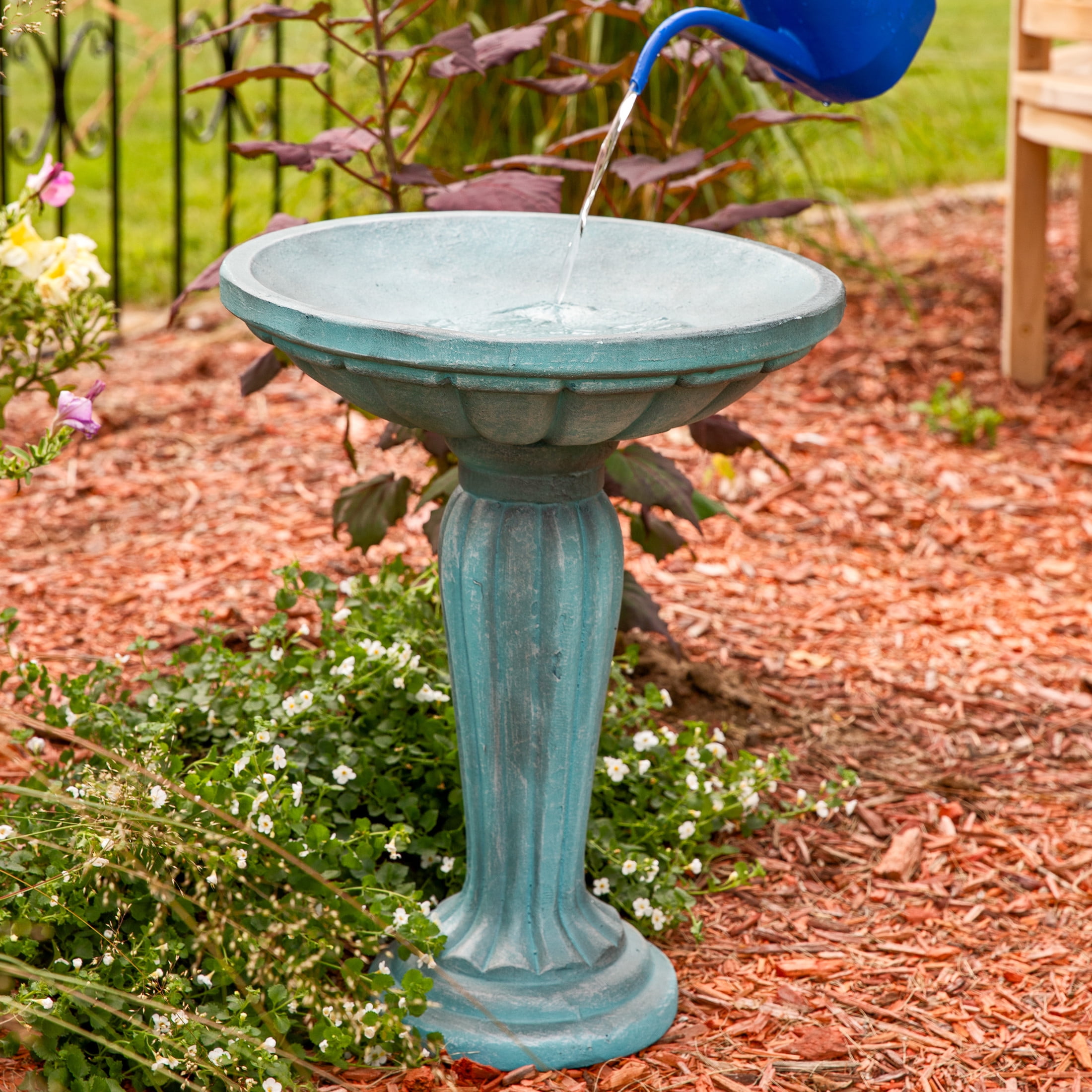 Sunnydaze Grecian Column Freestanding Glass Fiber Reinforced Concrete Outdoor Bird Bath, Green