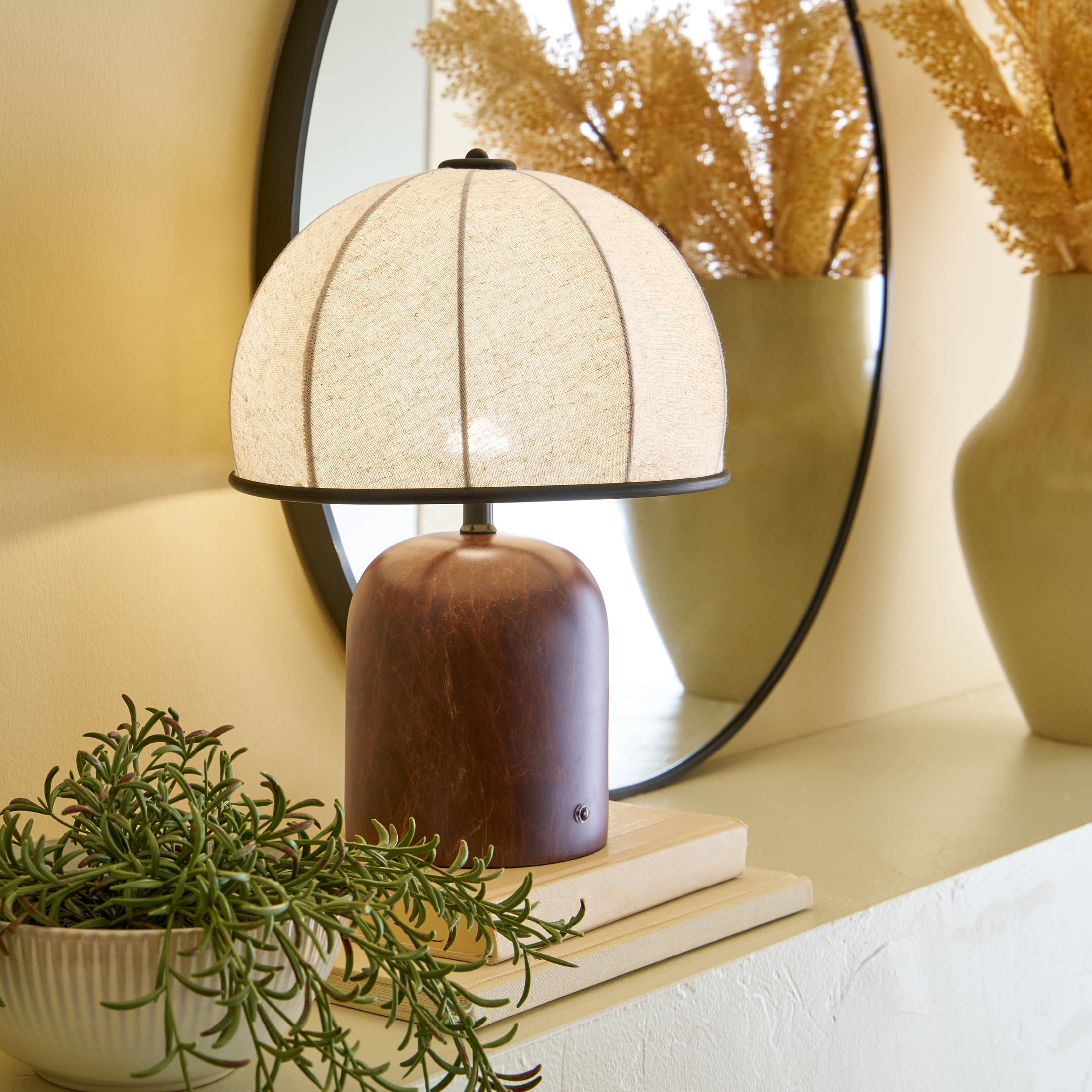 Better Homes & Gardens 14-Inch Warm Brown Rechargeable Gourd Table Lamp with Fabric Dome Shade