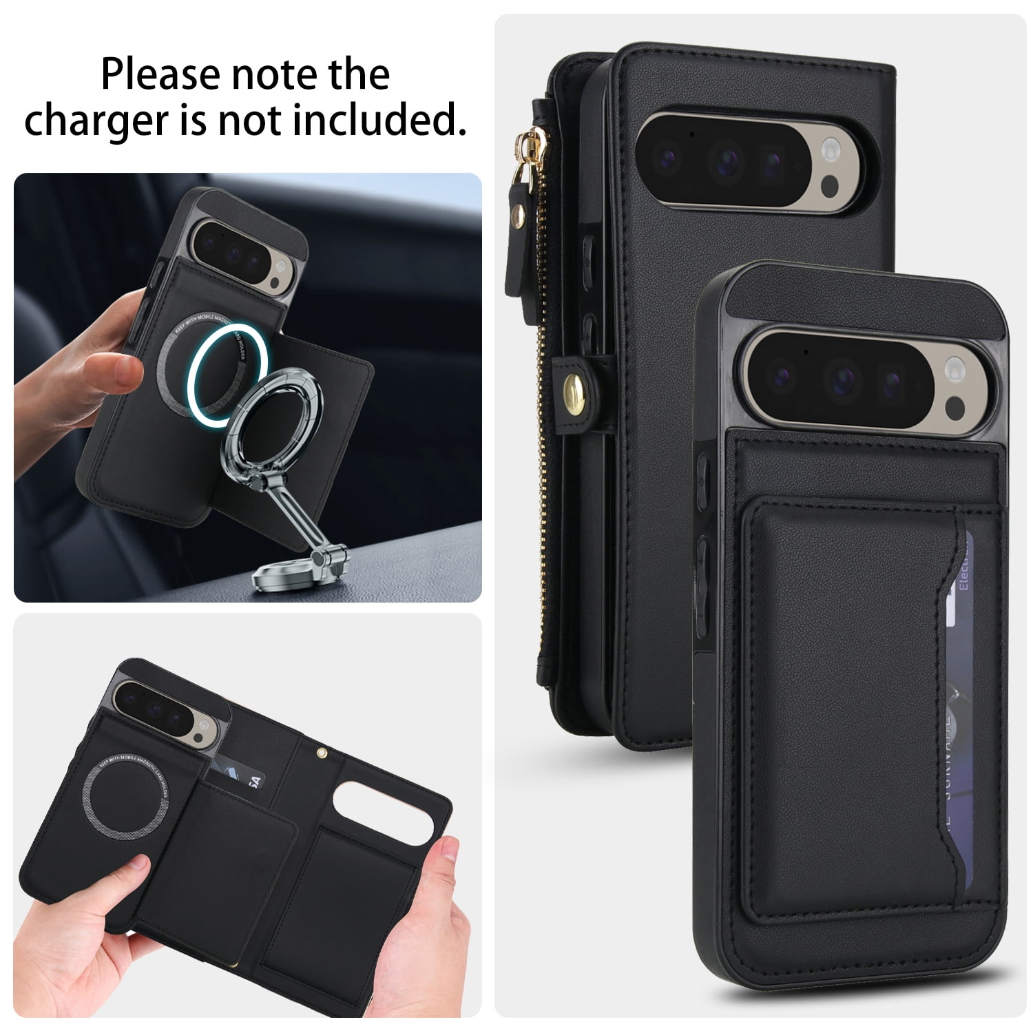 Designed for Google Pixel 8 Multi-Function Wallet Phone Case,With Shoulder Strap&Wrist Strap,Cash Pocket&Card Slots,Zipper Purse,Magnetic Detachable PU Leather Flip Phone Case,Black
