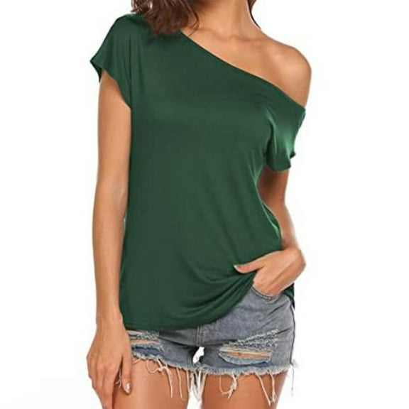 Womens Tops Casual Off Shoulder Solid Color Irregular Top Short Sleeve T Shirt Womens Tops Dressy Casual
