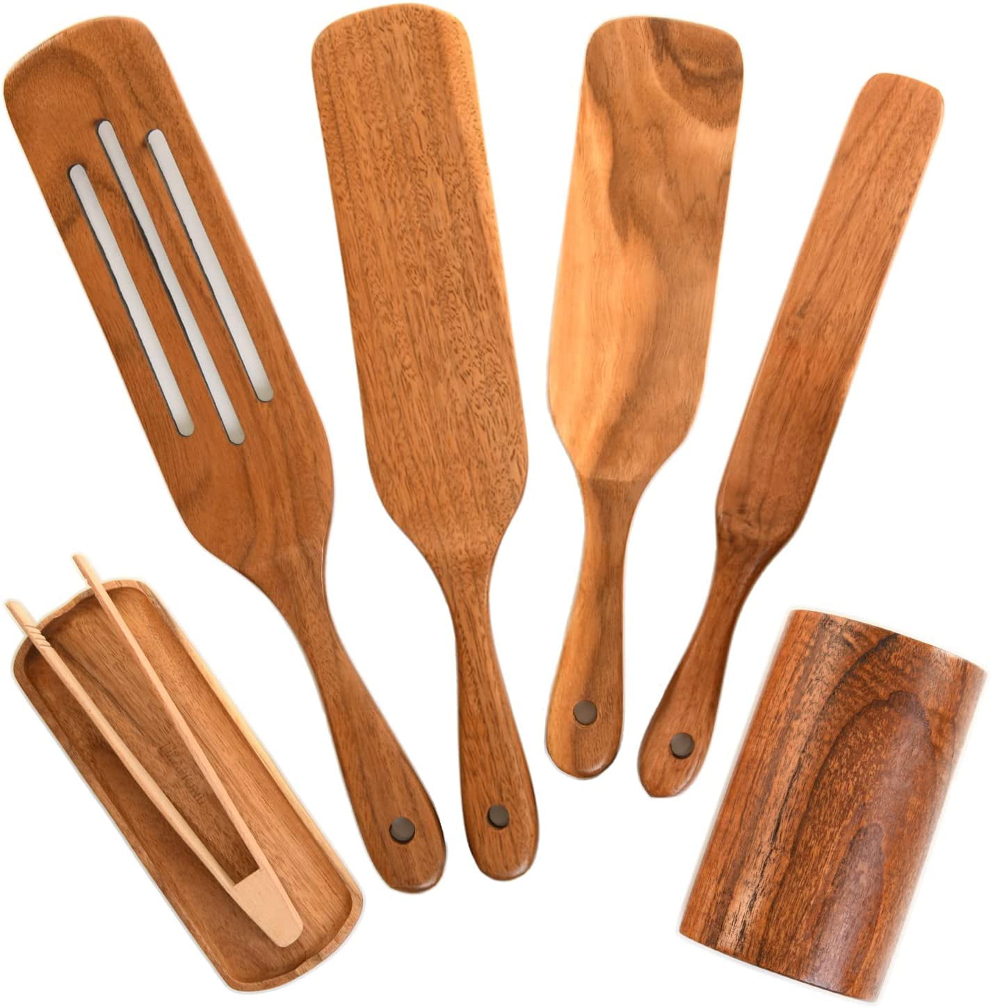 Serving and More Wooden Spurtle Spatula Set-7Pcs Stirring Wood Spoons for Cooking Mixing Teak Spurtles Kitchen Tools As Seen on TV Wooden Cooking Kitchen Utensil Set for Scooping 