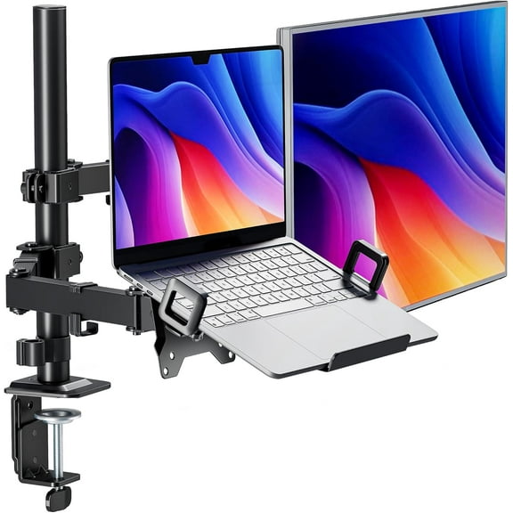 monTEK Monitor Mount with Laptop Stand for Desk, 2-in-1 Adjustable Monitor Arm for 17"–32" Screens and 12"–17" Laptops, Holds up to 22 lb, C-Clamp & Grommet Base, VESA 75/100mm, Black