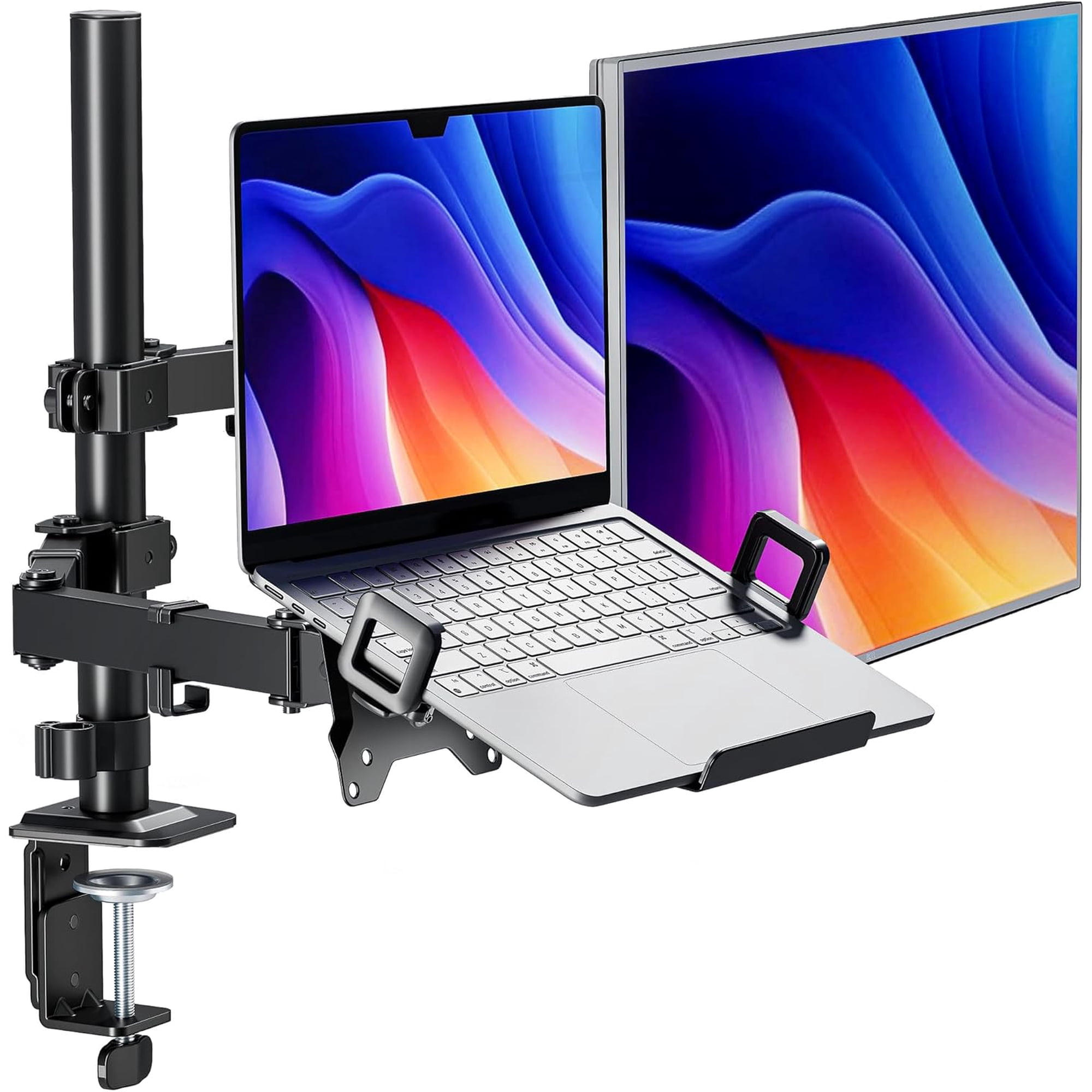monTEK Monitor Mount with Laptop Stand for Desk, 2-in-1 Adjustable Monitor Arm for 17"–32" Screens and 12"–17" Laptops, Holds up to 22 lb, C-Clamp & Grommet Base, VESA 75/100mm, Black