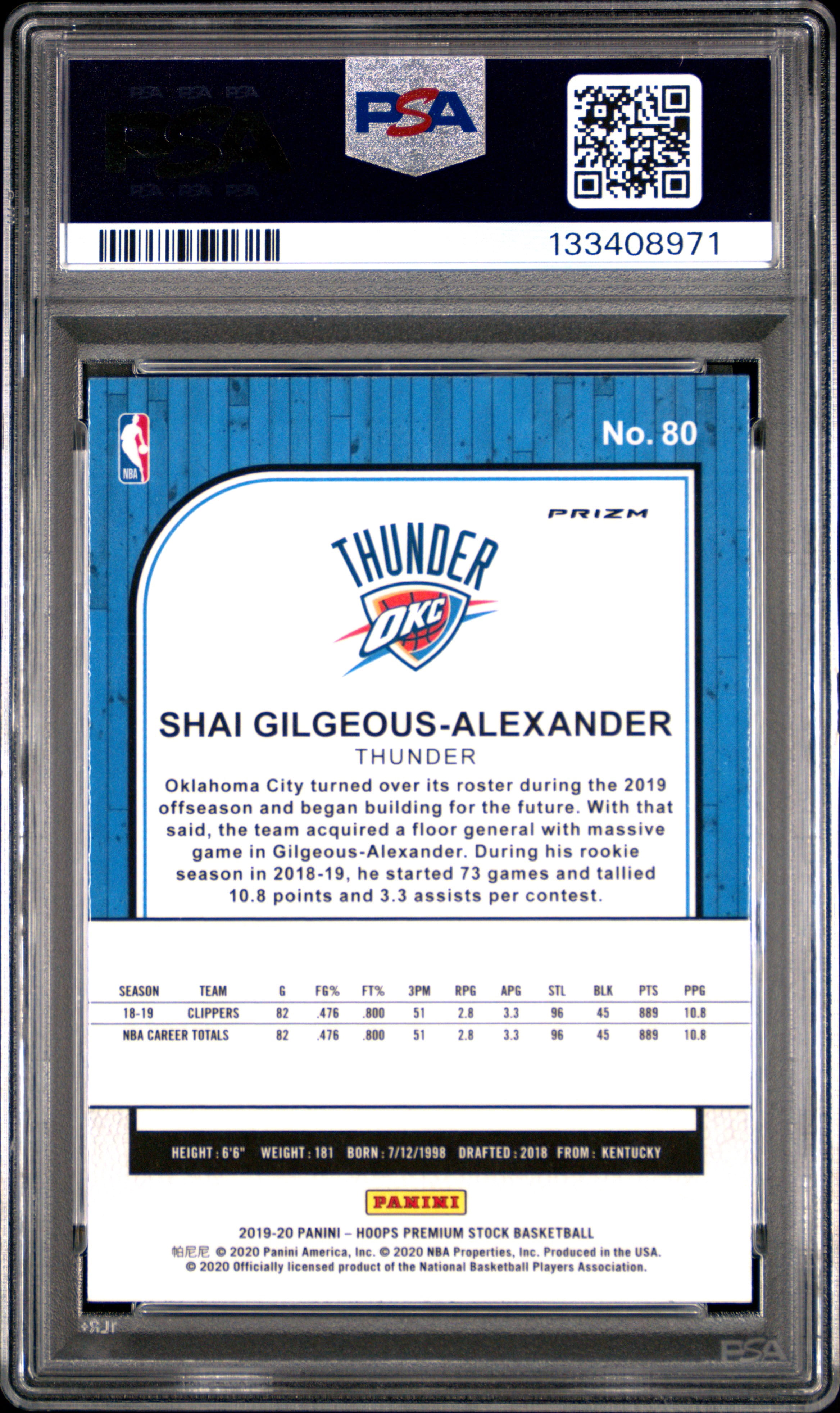 Shai Gilgeous-Alexander 2019 Hoops Premium Stock Silver Prizm Basketball Card #80 Graded PSA 10 Cert #133408971