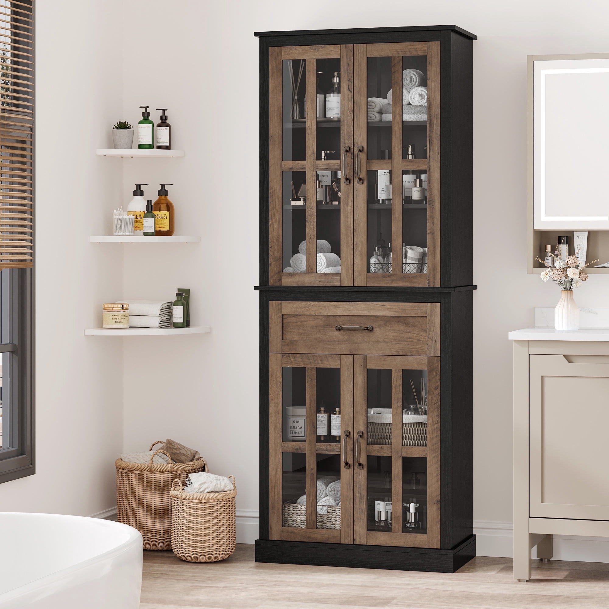 Homfa Modern Storage Cabinet with Glass Doors, 71'' Kitchen Pantry with Adjustable Shelves, Wood Bookcase, Black & Oak