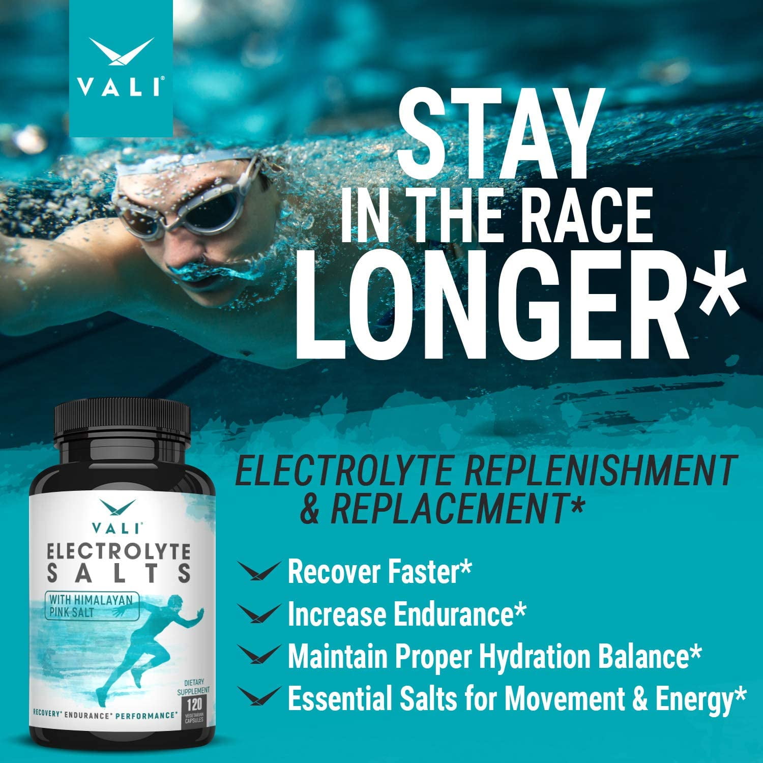 VALI Electrolyte Salts Hydration & Recovery Support Supplement, 120 Veggie Capsules
