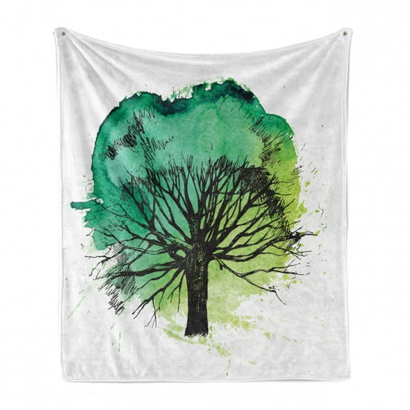 Willow Tree Soft Flannel Fleece Throw Blanket, Sketched Silhouette with Branches and Blended Watercolor, Cozy Plush for Indoor and Outdoor Use, 70" x 90", Yellow Green Jade Green, by Ambesonne