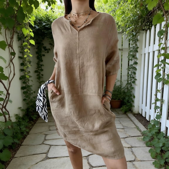Gamivast Linen Dress Women V-Neck Half Sleeve Midi Dress With Pockets Loose Fit Casual Summer Style Solid Color House Dress Lounge Wear Fashion Outfits