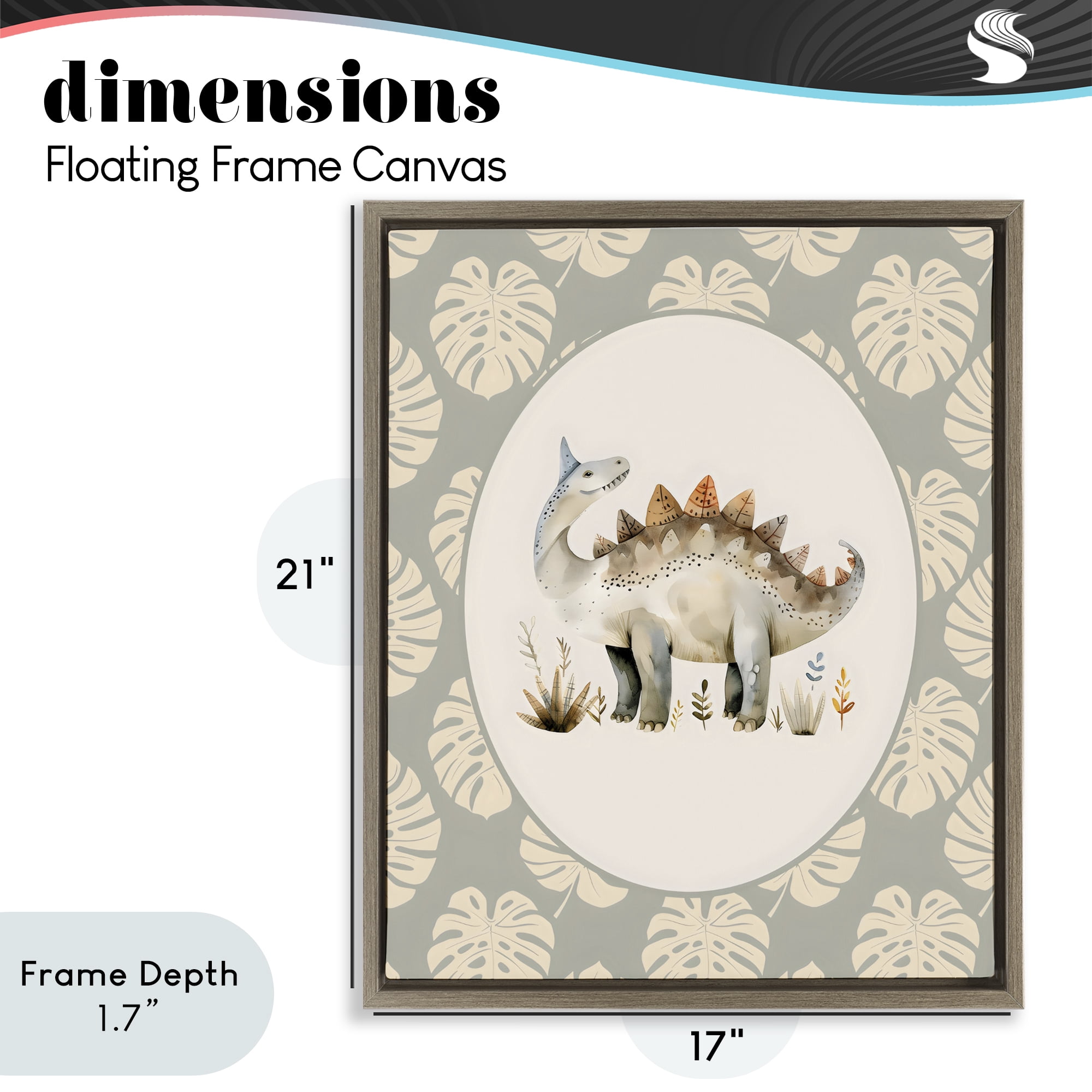 Stupell Industries Watercolor Dinosaur Monstera Border Brown Framed Floater Canvas Wall Art, design by LSR Design Studio
