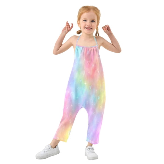 Girls' Jumpsuits Rompers Summer Casual Sleeveless Rompers With Pockets Spaghetti Strap Romper Pastel Rainbow Tie-dye 1T