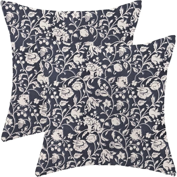 Floral Throw Pillow Covers 20x20 Set of 2, Flower Print Linen Decorative Pillow Covers Neutral Vintage Decoration Outdoor Cushion Cover Navy Blue Floral Pillowcase for Sofa Couch Farmhouse