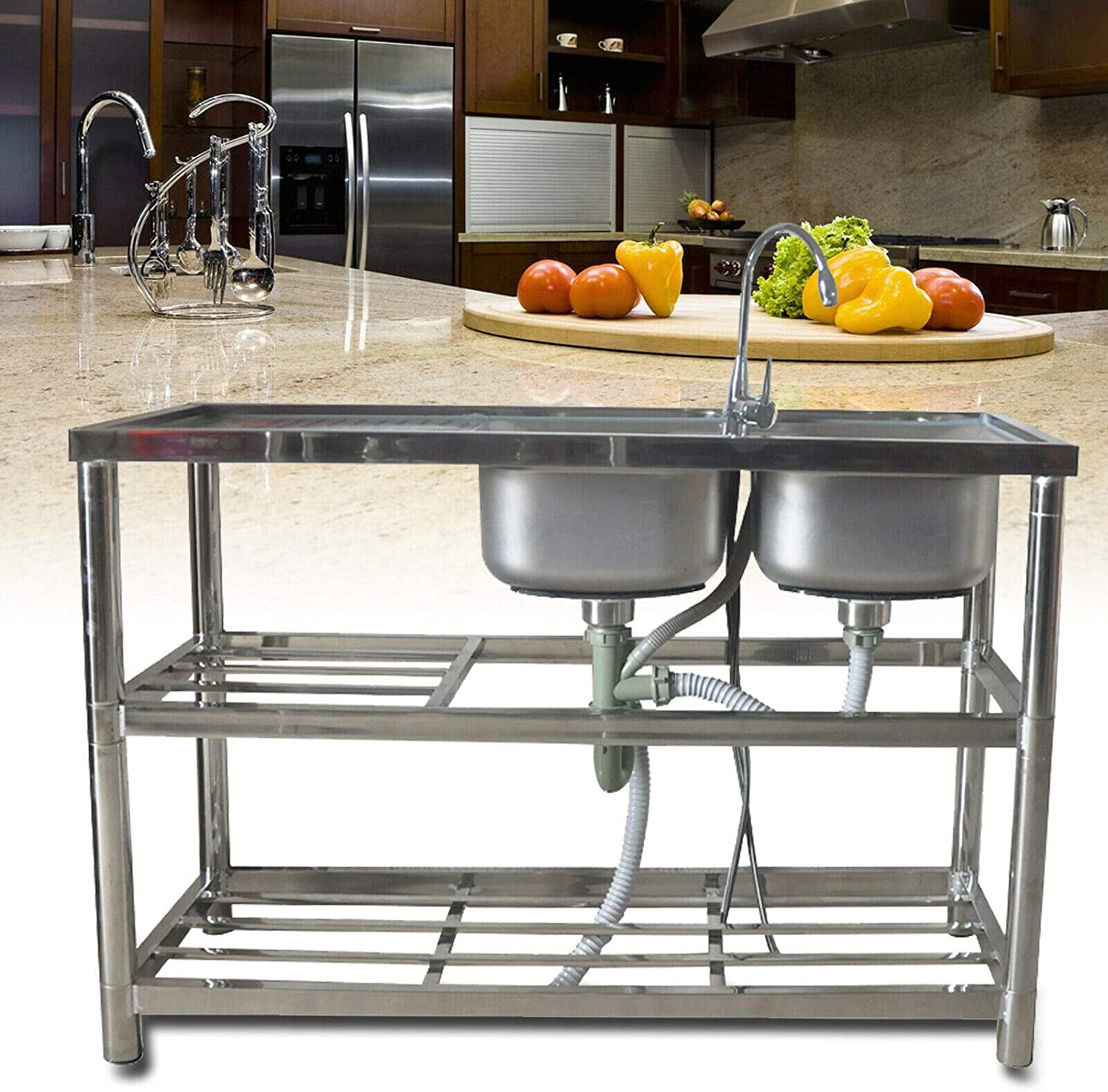Drain Stainless Steel Commercial 2/3 Sink Wash Table Platform Kitchen Catering 
