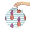 thumbnail image 2 of Modern Round Floor Cushion with Handle, Pop Art Themed Pineapple Illustration on Blue Stripes Retro Tones Print, Pillow for Living Room & Dorms, 18" Round, Dark Magenta and Orange, by Ambesonne, 2 of 4