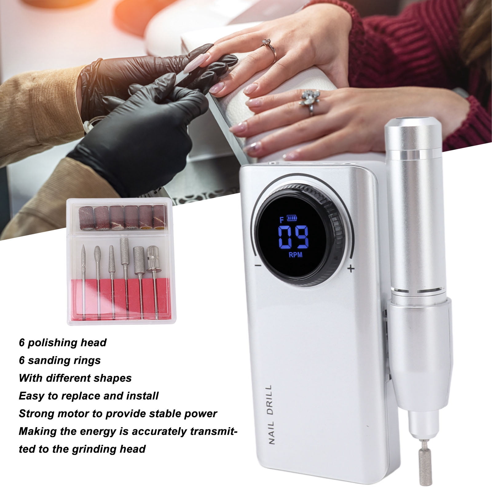 Rupoun Electric Nail Drill Machine 35000RPM Rechargeable Efile Nail Polishing Grinding Equipment with LED Display Portable Professional Salon Set Silver (8.66 inches / 22 cm)