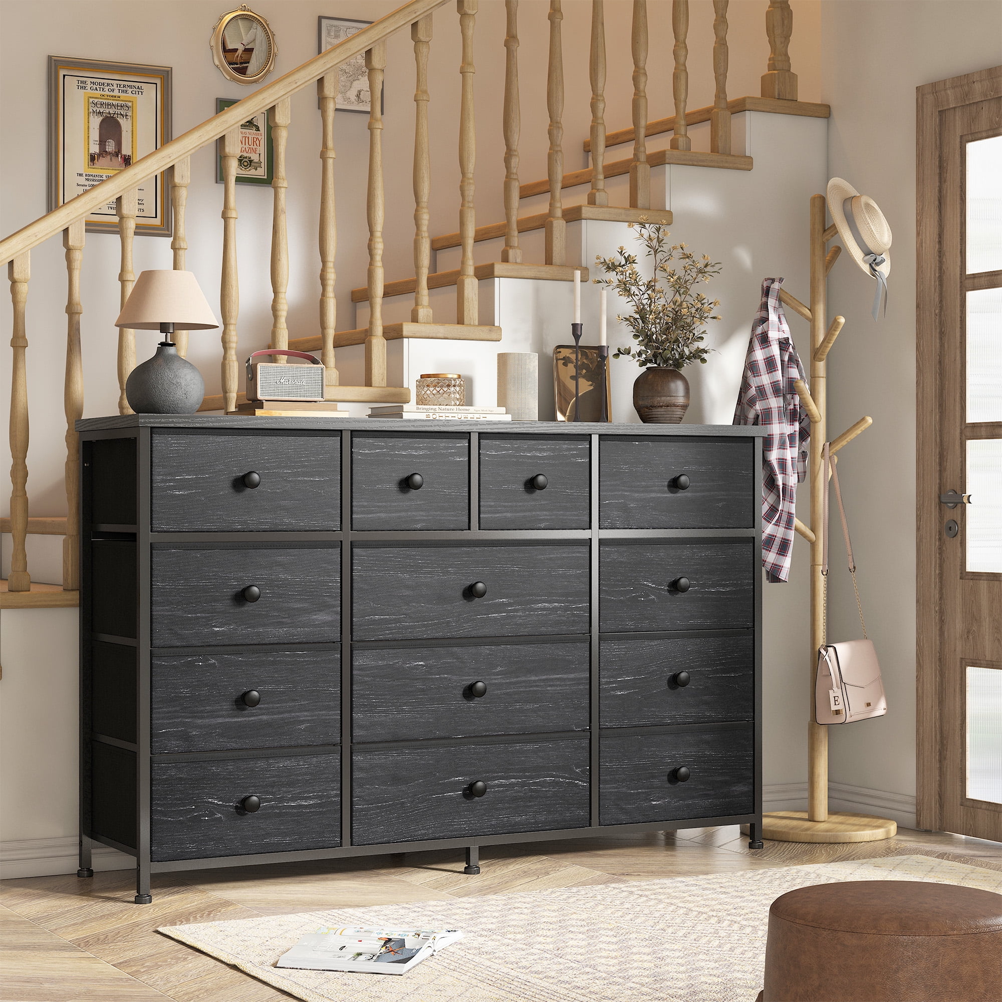 Black Dresser for Bedroom TV Stand with 13 Drawers for for 55" TV, Fabric Wide Dresser for Living Room
