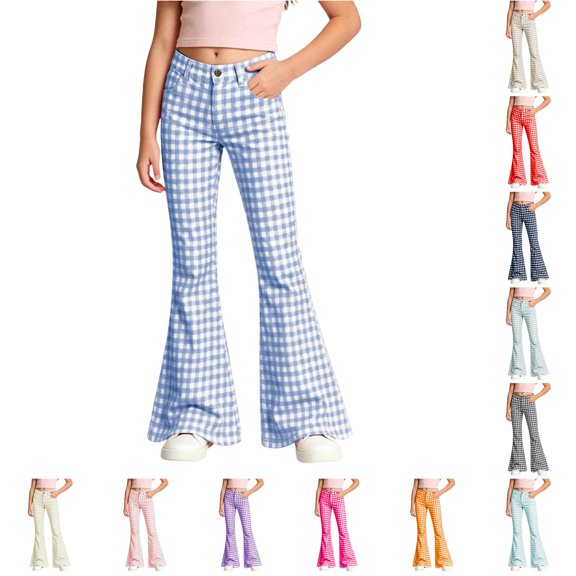 WERYOUNG School Uniform For Girls Elastic Waist Plaid Flared Leg Trousers Kids Loose Fit Back To School Pants 5-6 Years