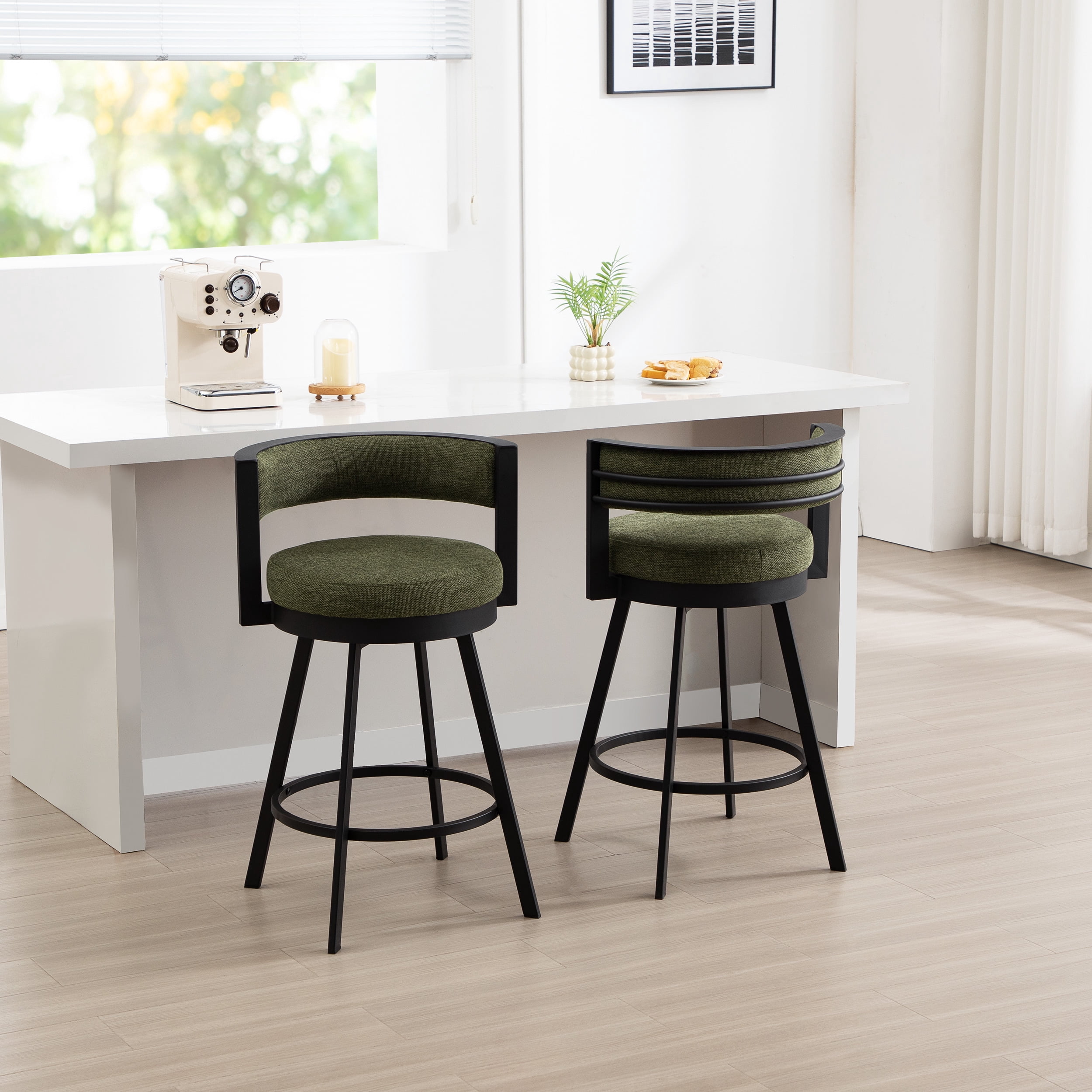 Zesthouse 26.6″ Swivel Bar Stools Set of 2, Linen Upholstered Counter Stools with Barrel Back and Metal Legs, Modern Counter Height Barstools for Kitchen Island, Green