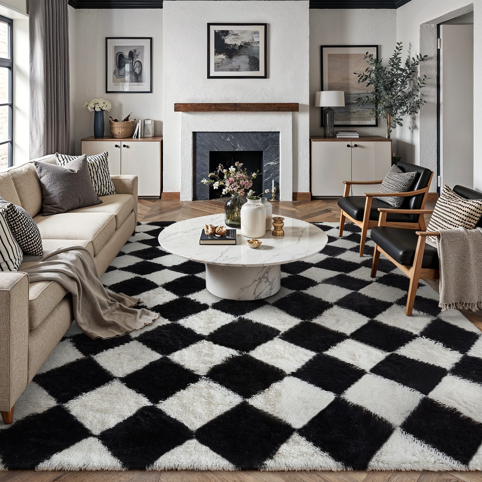BERTHMEER 4'x6' Checkered Shag Area Rug for Living Room, Modern Black and White Non-Slip Ultra-Soft Indoor Fluffy Rugs for Bedroom Carpet Home Dorm Aesthetic Decor, Black&White, Black&White