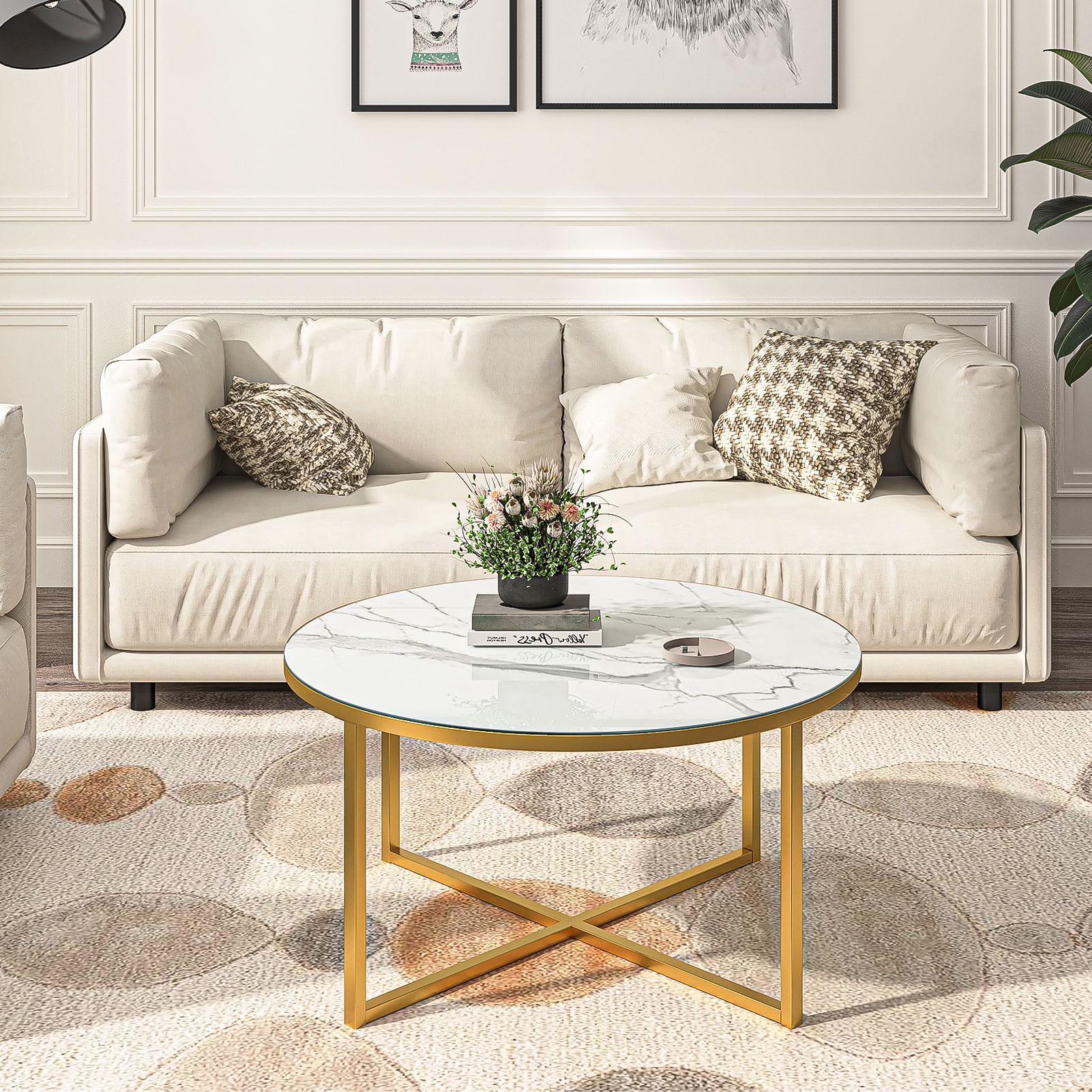 Kadyn Cross Legs MDF Coffee Table, Modern Metal Coffee Table with Metal Base, Round Table Cocktail Table for Living Room, Golden Kadyn Cross Legs MDF Coffee Table, Modern Metal Coffee Table with Metal Base, Round Table Cocktail Table for Living Room, Golden