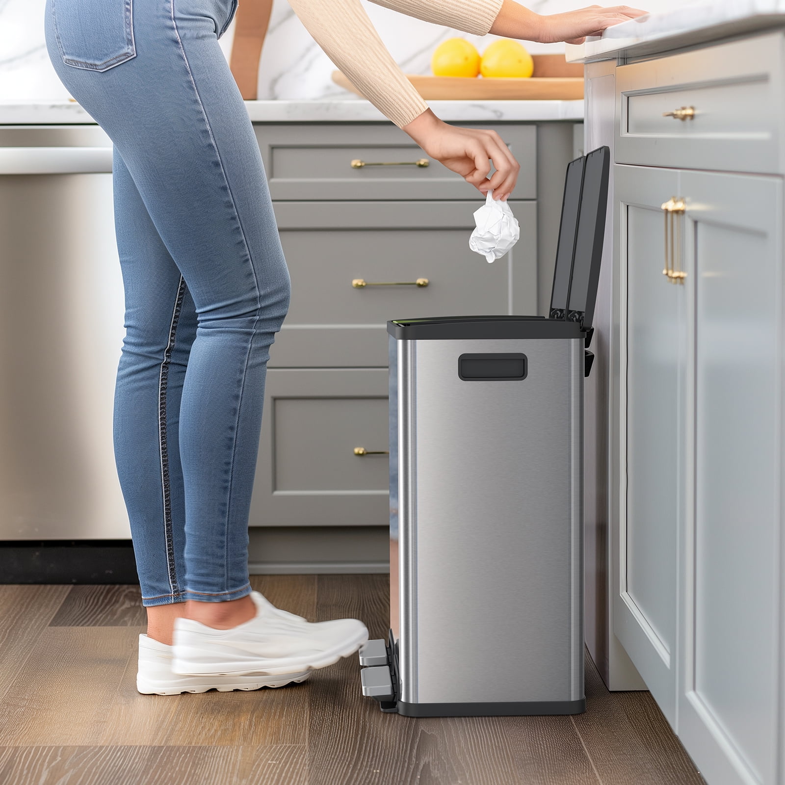 GIANNA Trash Can with Lid, 2 x 8 Gallon Garbage Can, Soft-Close Foot Peda, Removable Inner Bucket, For Home Kitchen Office, Silver