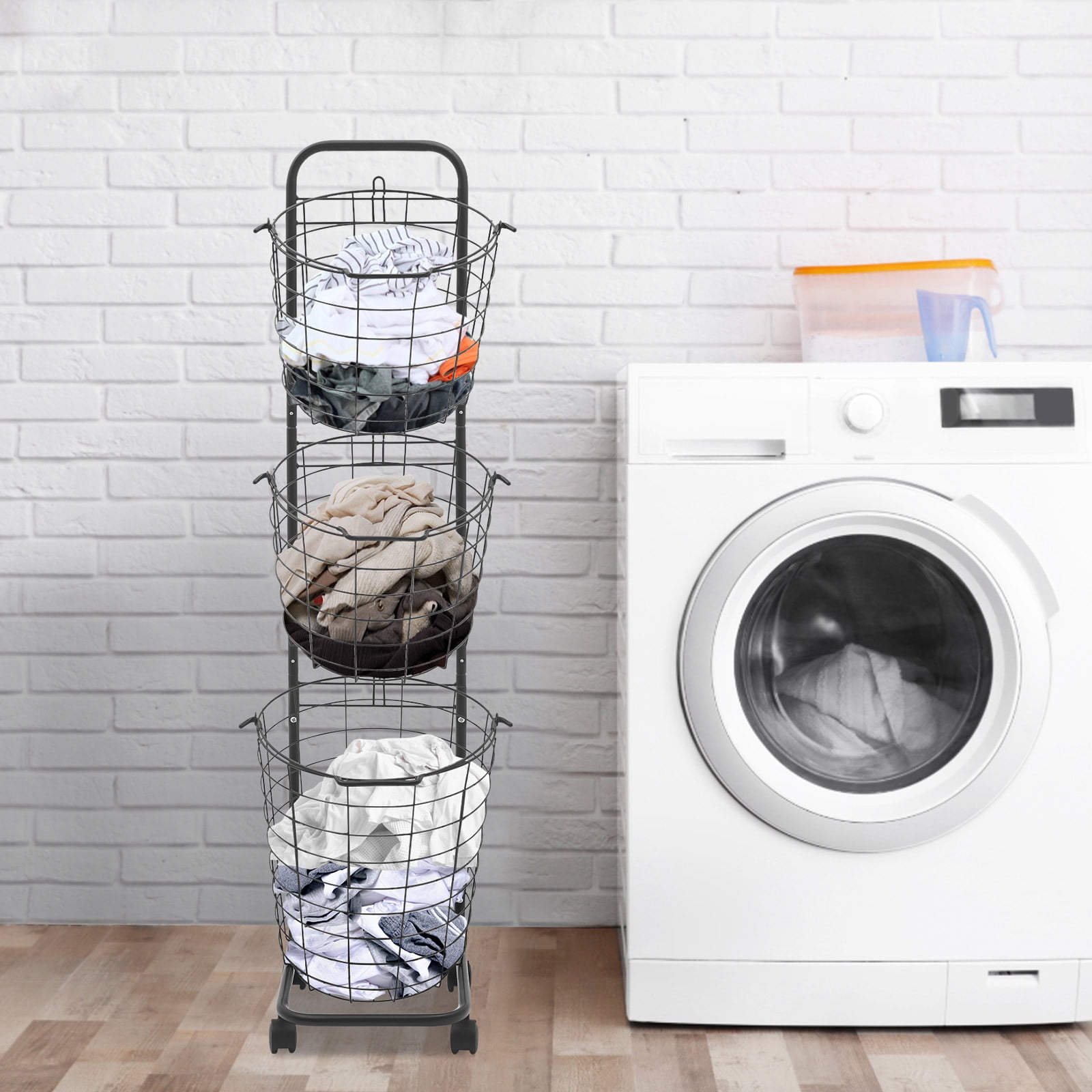 3 Tier Modern Rolling Laundry Hamper with 3 Removable Wire Basket & 4 Universal Wheels Black 10.4*13*48.4