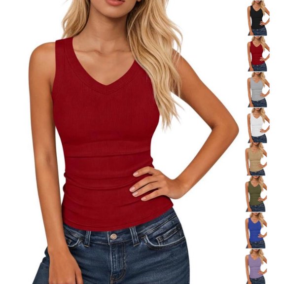 Ribbed Tank Top for Women Sleeveless V Neck Fitted Basic Top Soft Stretch Casual Slim Fit Solid Color Summer Layering Shirt for Daily Wear Gym Workout,Wine S