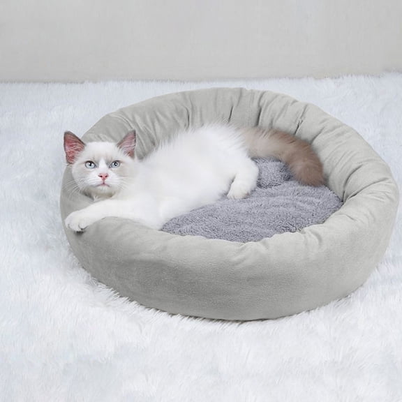 Round Calming Small Dog Bed, 95% Polyester Plush Warm Winter Puppy Mat with Pillow, Non-Slip Washable Cat Bed for Cats & Small Pets, Gray