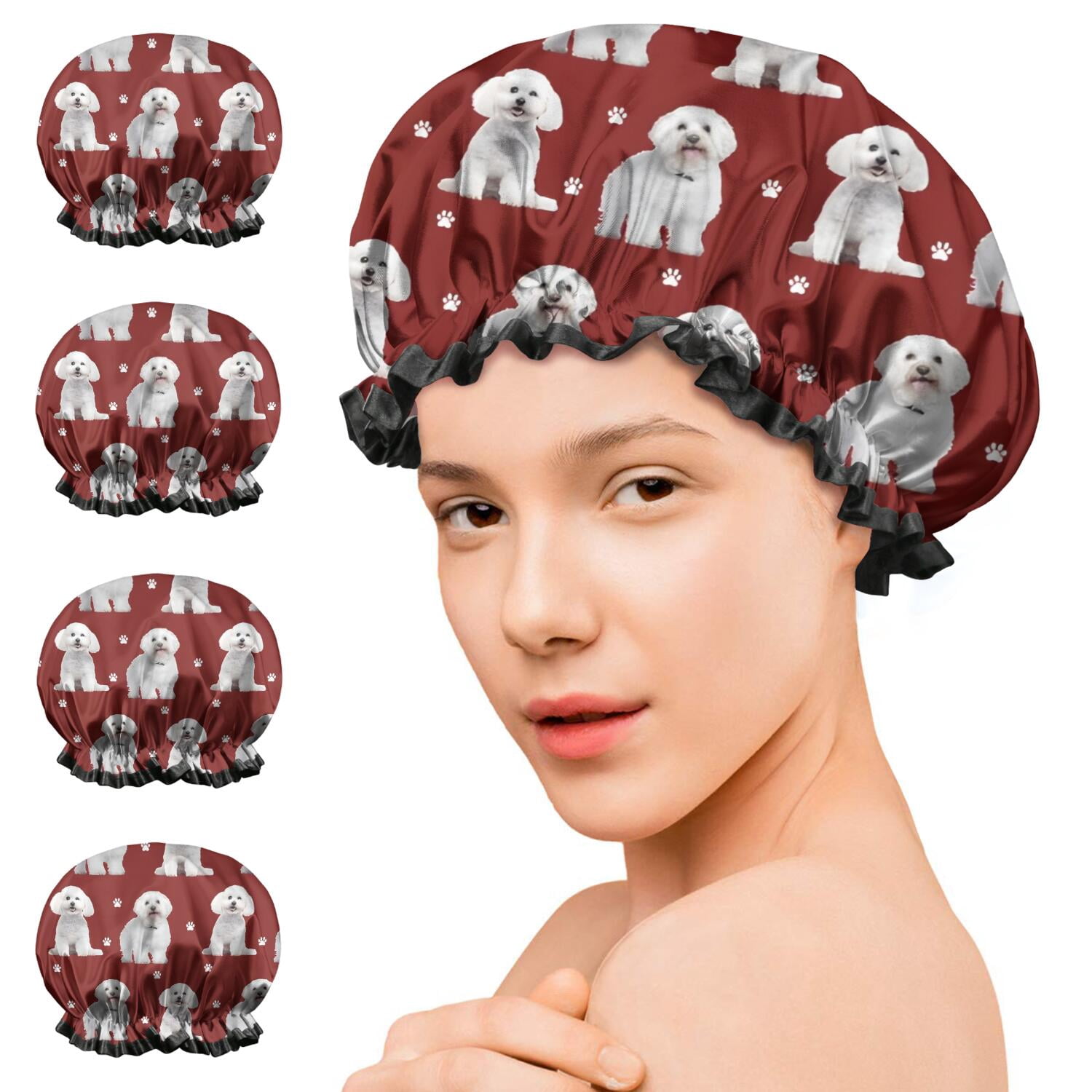 Shower Caps,Pink Bichon Frise Waterproof Shower Cap for Women 4 Pieces,Double Reusable Hair Cover for Shower PEVA Elastic Stretch Hem