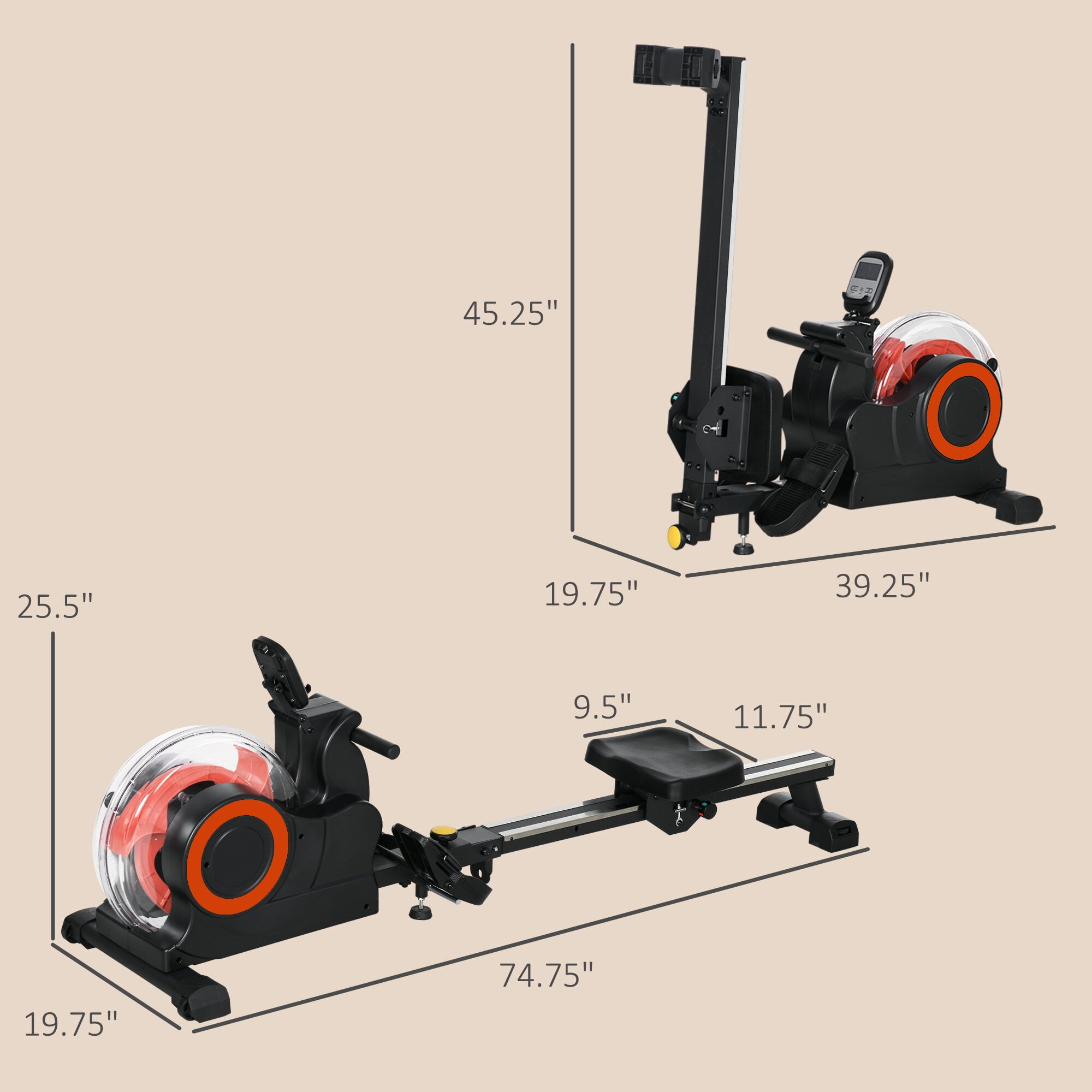 Home Gym Equipment, Soozier Water Rowing Machine, Foldable Rower Machine with Adjustable Resistance, Wheels, LCD Monitor and Tablet Holder for Home Cardio Training, Red, Red Exercise Equipment