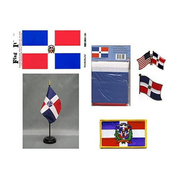 Dominican Republic Heritage Flag Pack - Includes a Dominican 3x5' Flag, Vinyl Flag Decal, One Single & One Double Friendship Flag Lapel Pin, Miniature Desk Flag with Stand & One Iron-On Flag Patch