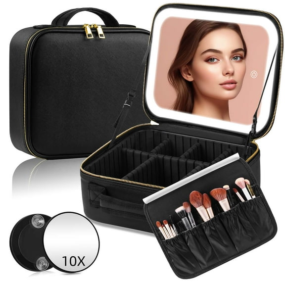 Hmggoofa Travel Makeup Bag with Mirror of LED Lighted, Makeup Train Case with Adjustable Dividers, Makeup Case with Mirror and Detachable 10xMagnifying Mirror