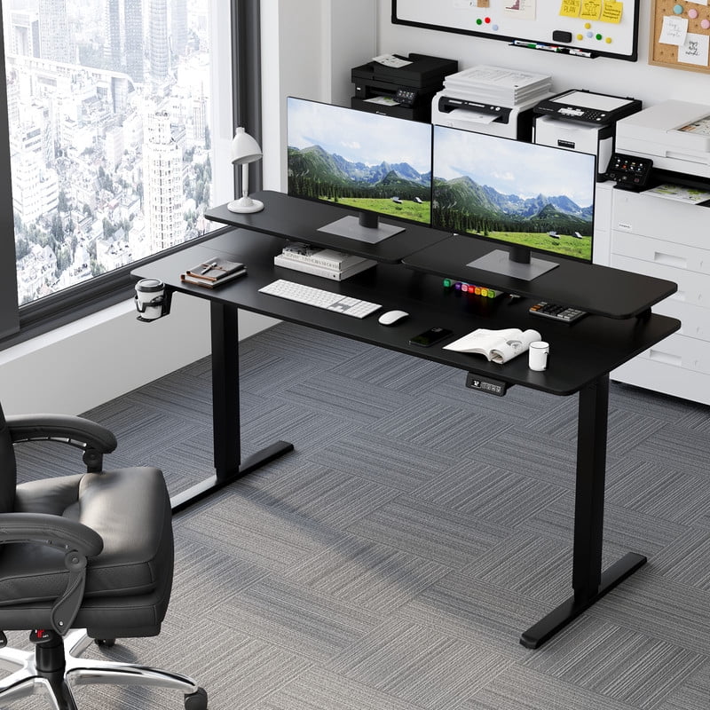 Homall 55" Wide Electric Height Adjustable Standing Desk with Monitor Stand Lifting Range 28~46" Stand Up Office Desk for Home Office,Black