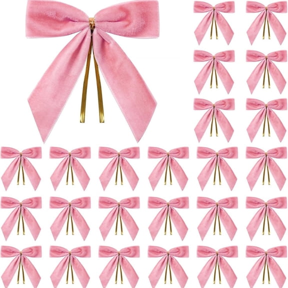 BSJJY Small Velvet Christmas Bows, 25pc 9cm Pink Ribbon Ornaments with Metal Clip, Tree Wreath Gift Wrap Craft Decor
