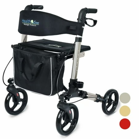 Health Line Side-Fold Rollator Rolling Walker with Paded Seat, 300 lb Capacity, Fits People Upto 6', Silver