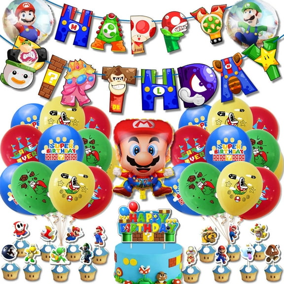 Mario Birthday Party Decoration Set, Super Bros Party Balloon Banner Cake Toppers, Mario Theme Party Decoration