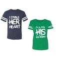 thumbnail image 1 of I Stole Her Heart So I am Stealing His Last Name Unisex Couple Matching Cotton Jersey style T-Shirt Contrasting stripes on sleeves (Men Navy / Women Green) (Men S / Women M), 1 of 3