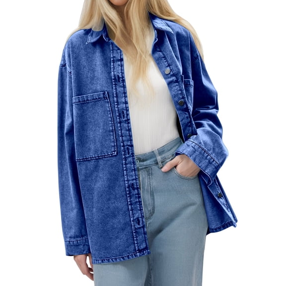 Womens Jackets Women's Outerwear Women's Retro Long Sleeved Denim Jacket Blue Big Pocket Loose Casual Shirt