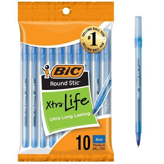 BIC Round Stic Xtra Life Ballpoint Pens, Medium Point (1.0mm), Blue, 10 Count