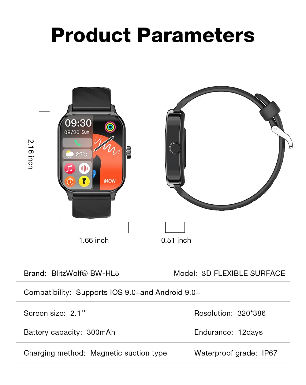 BlitzWolf Smart Watch for Android, IP67 Waterproof Fitness Watch, Gift for Women and Men