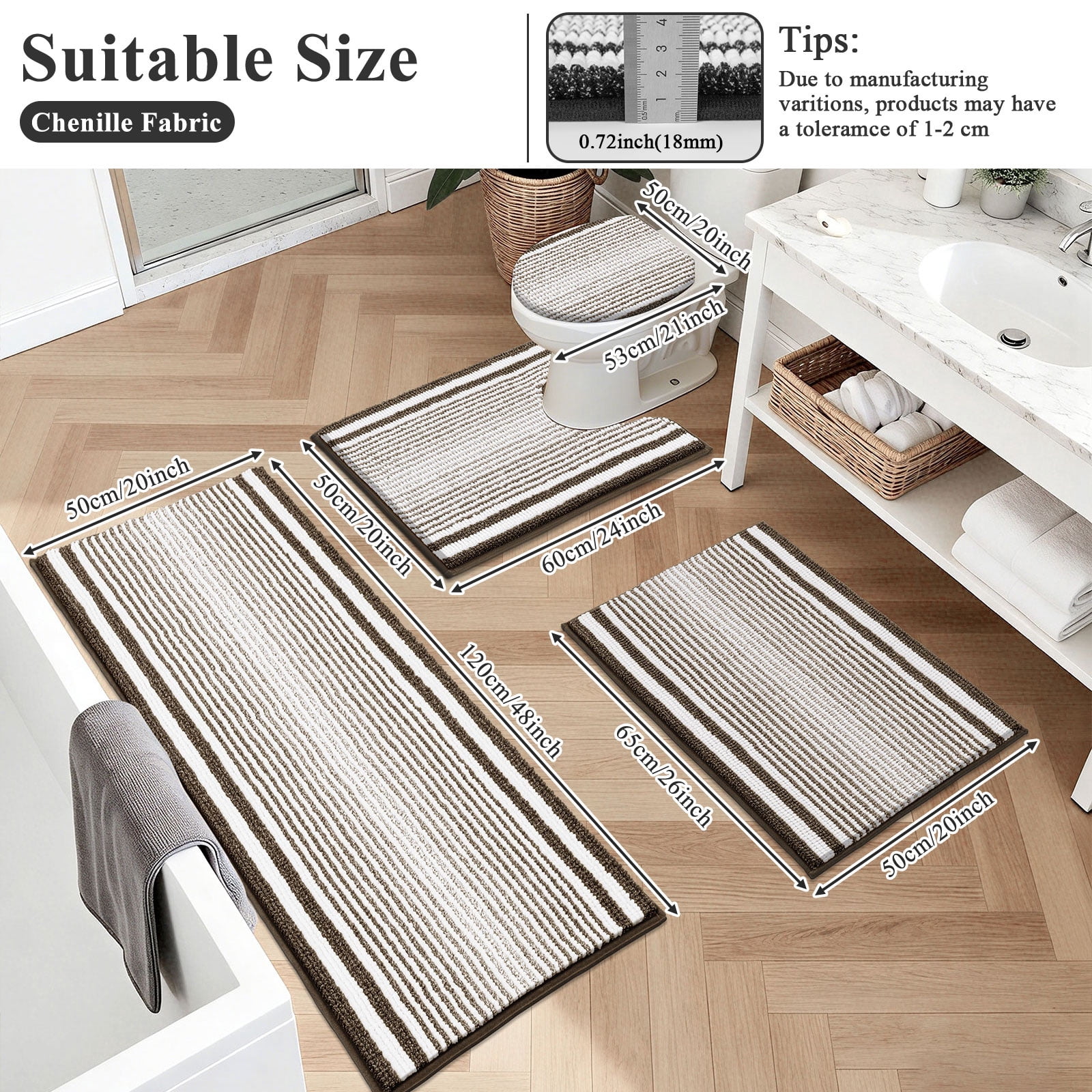 Ileading Chenille Bathroom Rugs Sets 4 Piece, Super Absorbent Non Slip Washable Bath Mat and U-Shaped Contour Toilet Rug Set for Tub Shower Floor Carpet