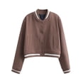 thumbnail image 2 of QATAINLAV Women Casual Button Cropped Baseball Jacket Stand Up Collar Long Sleeve Bomber Jackets Fall Workout Tops, Brown, L, 2 of 4