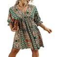 thumbnail image 2 of Robe Décontractée pour Femmes à Col en V à Manches Mi-Longues Style Boho Robe Imprimée Été Midi Robes S/M/L/XL, 2 of 5