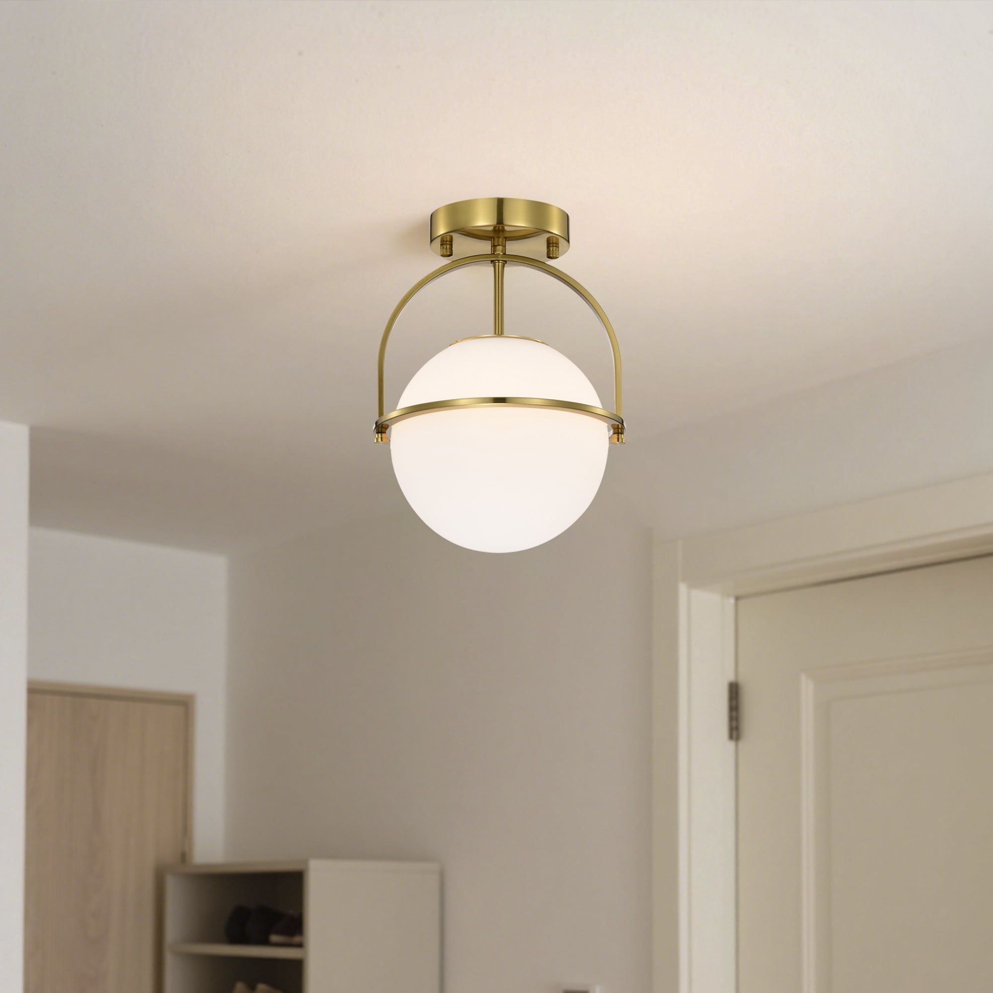 Gold Semi Flush Mount Ceiling Light, 1-Light Frosted Glass Ceiling Fixture for Hallway Entryway Kitchen Bedroom E12 Base