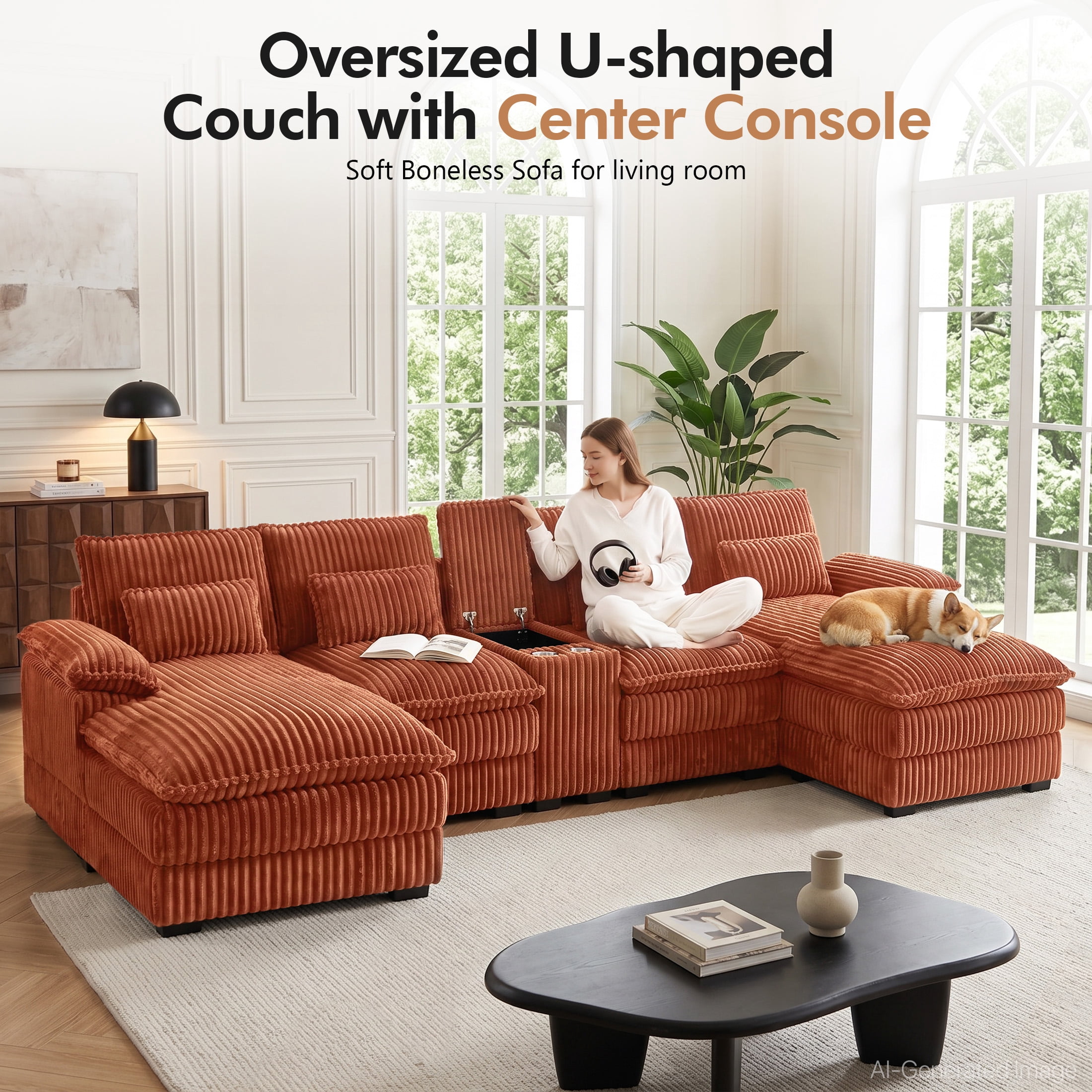 Aenkyo 125 Inch Chenille U-Shaped Sectional Sofa with Console and USB Ports, Orange